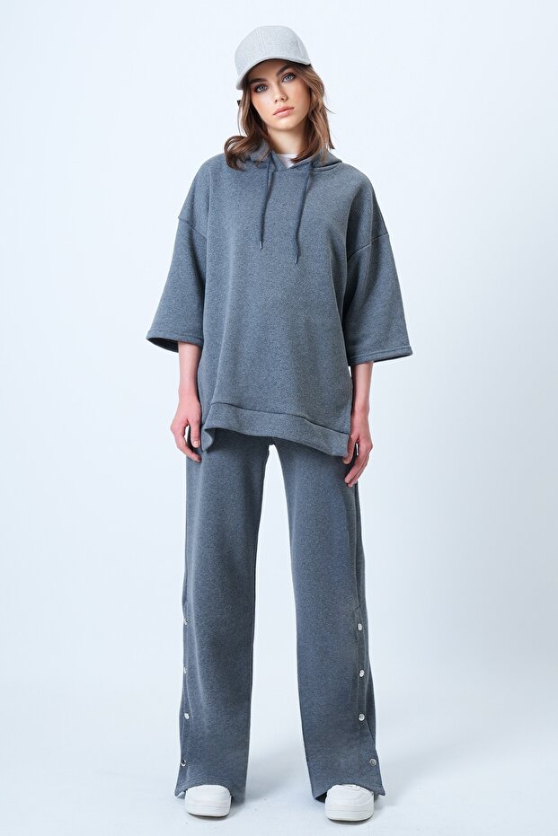 Women's Anthracite Hooded Sweatshirt with Side Slits and Wide Leg Pants Set Alc-X14607