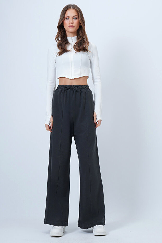 Anthracite High Waist Striped Front Thick Palazzo Trousers Alc-X14566