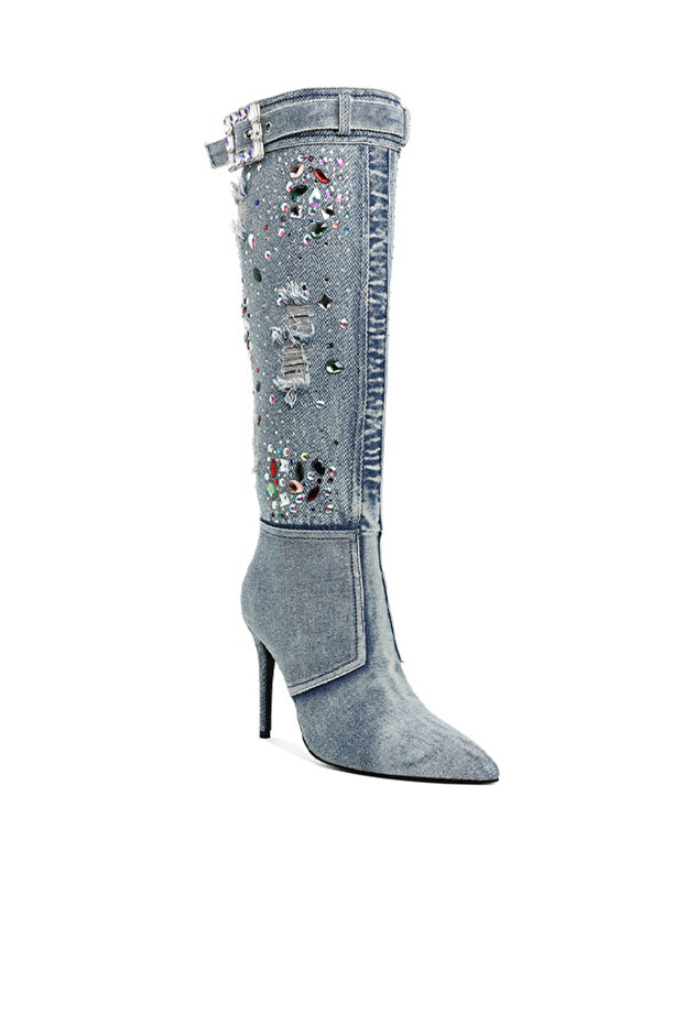 Women Multi Color Stones Denim Boots in Denim