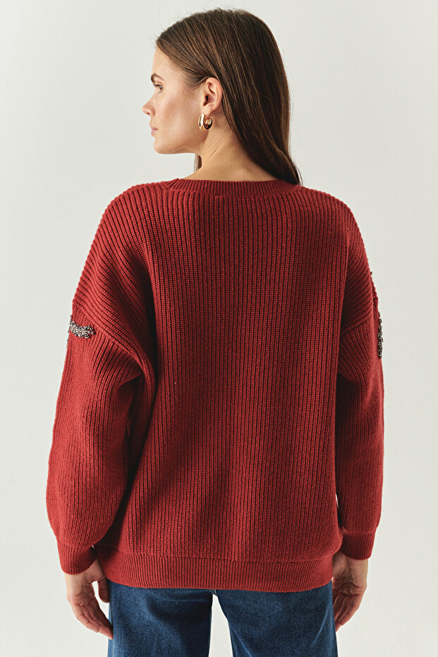 Bisiklet Yaka Taş İşlemeli Uzun Kollu Oversize Triko Bluz - 2