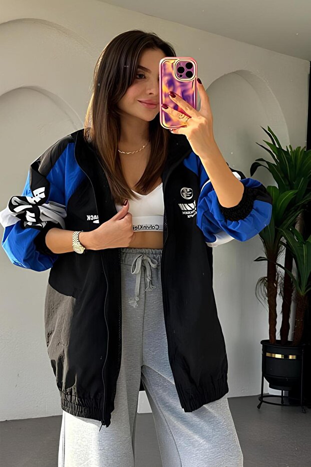 Parachute Fabric Black Navy Blue Printed Sports Oversized Coat Jacket