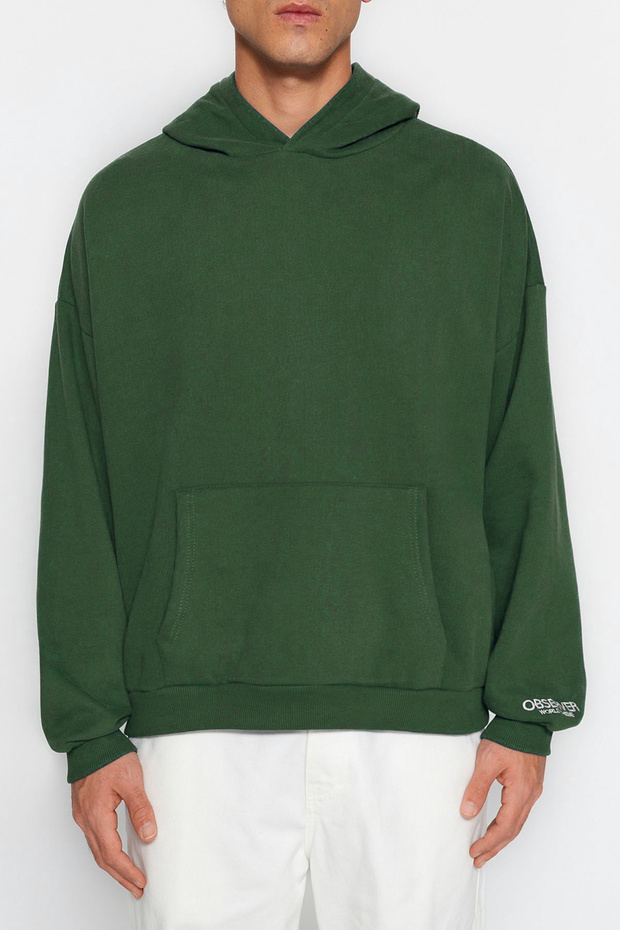 Haki Kapüşonlu Oversize/Geniş Kesim Nakışlı Etiketli Yumuşak Kumaş Sweatshirt TMNAW24SW00031 - 8