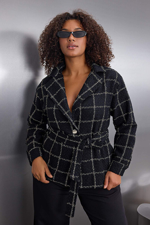 Czarna kratka/kratka Tkanina Tweed Podszewka Duży rozmiar Kurtka TBBAW26AG00017 - 4