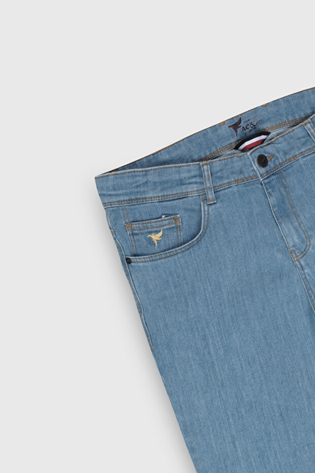 Erkek Açık Mavi Slim Fit Dar Kesim 5 Cep Pamuklu Denim Jean Kot Pantolon - 4