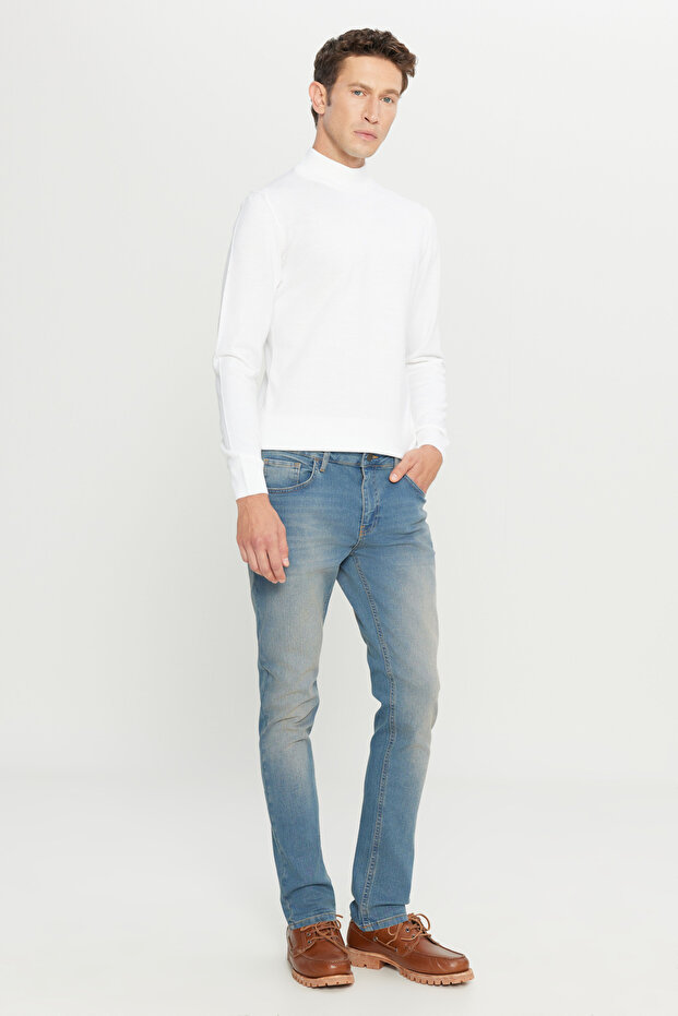 Erkek Petrol Mavisi Ekstra Slim Fit Dar Kesim Pamuklu Esnek Rıss Jean Kot Denim Pantolon - 7