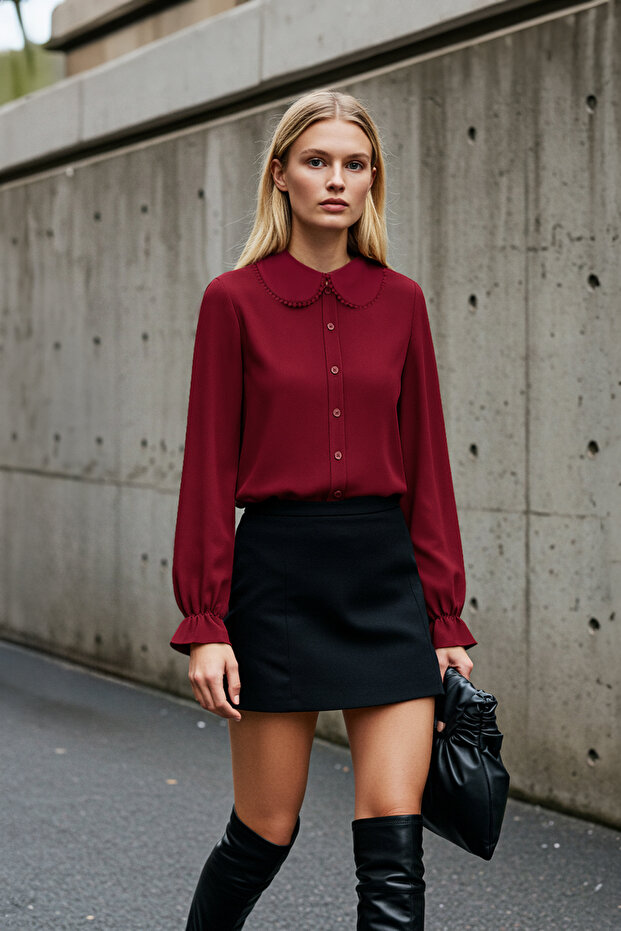 Bordo Bebe Yaka Ponpon Detaylı Regular Normal Kalıp Dokuma Gömlek TWOAW21GO0717 - 3