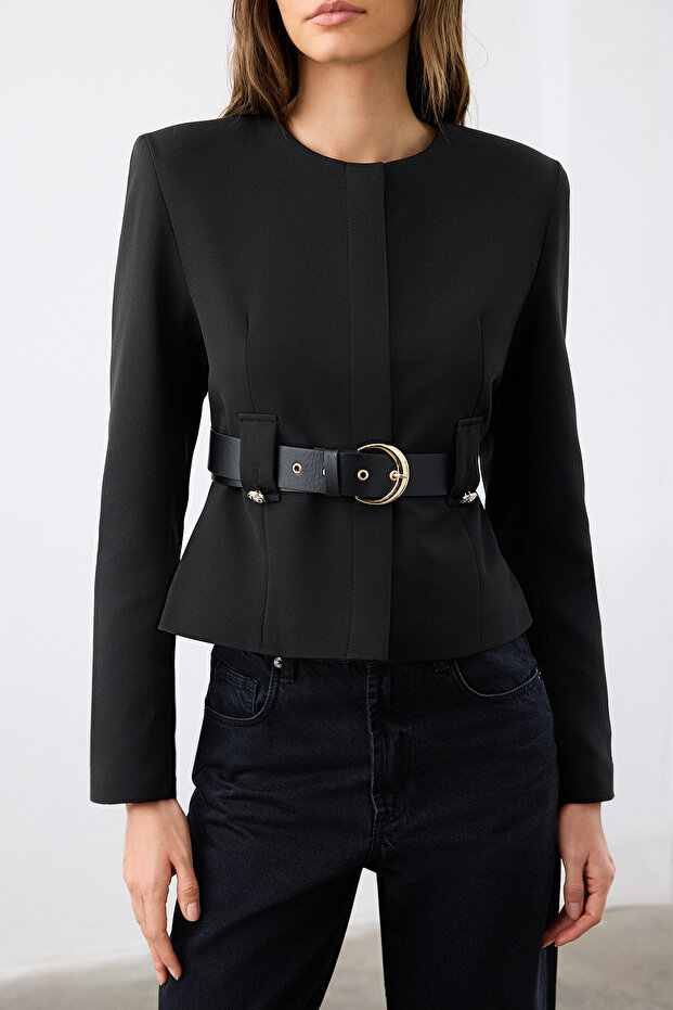Siyah Kemerli Fitted/Vücuda Oturan Şık Dokuma Blazer Ceket TWOAW26BC00003 - 3