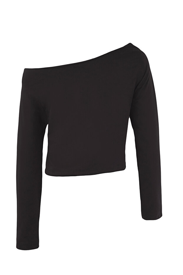 Siyah-Beyaz %100 Pamuk Asimetrik Kayık Yaka Relaxed/Rahat Kesim Örme T-Shirt TWOAW26TS00016 - 9