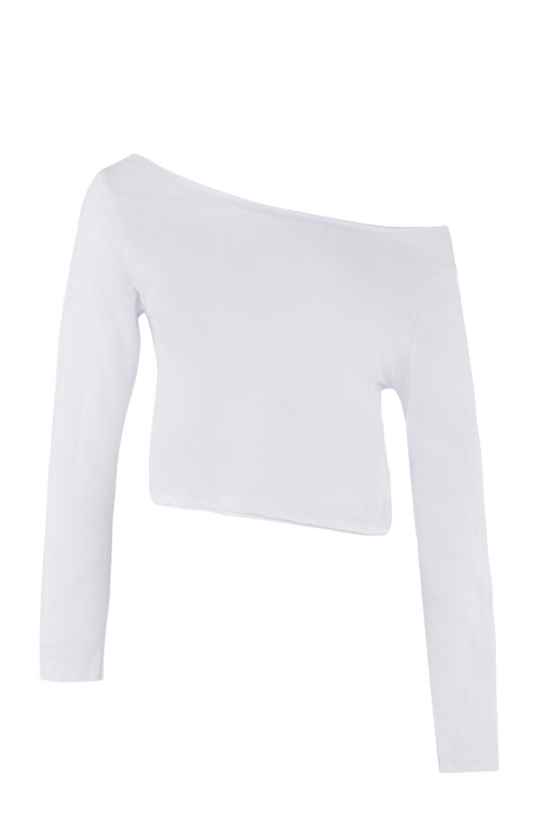 Siyah-Beyaz %100 Pamuk Asimetrik Kayık Yaka Relaxed/Rahat Kesim Örme T-Shirt TWOAW26TS00016 - 12