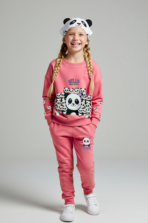 Fuşya Pamuklu Panda Baskılı Örme Kız Çocuk Sweatshirt ve Eşofman Alt-Üst Takım TKDAW25AU00077