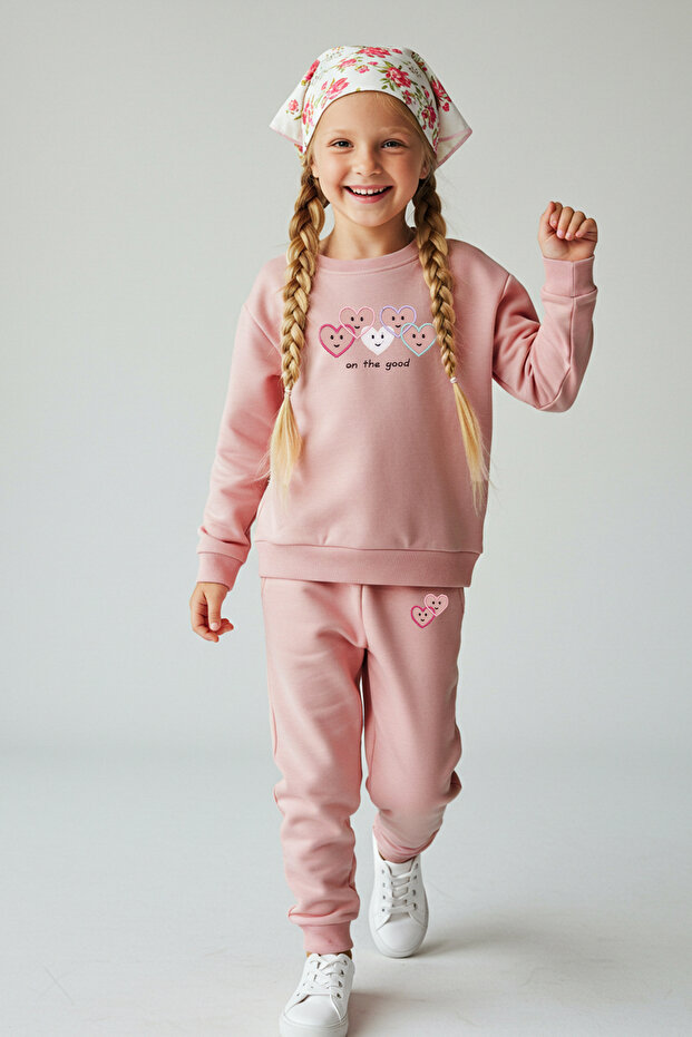 Gül Kurusu Pamuklu Kalp Baskılı Örme Kız Çocuk Sweatshirt ve Eşofman Alt-Üst Takım TKDAW25AU00077 - 1