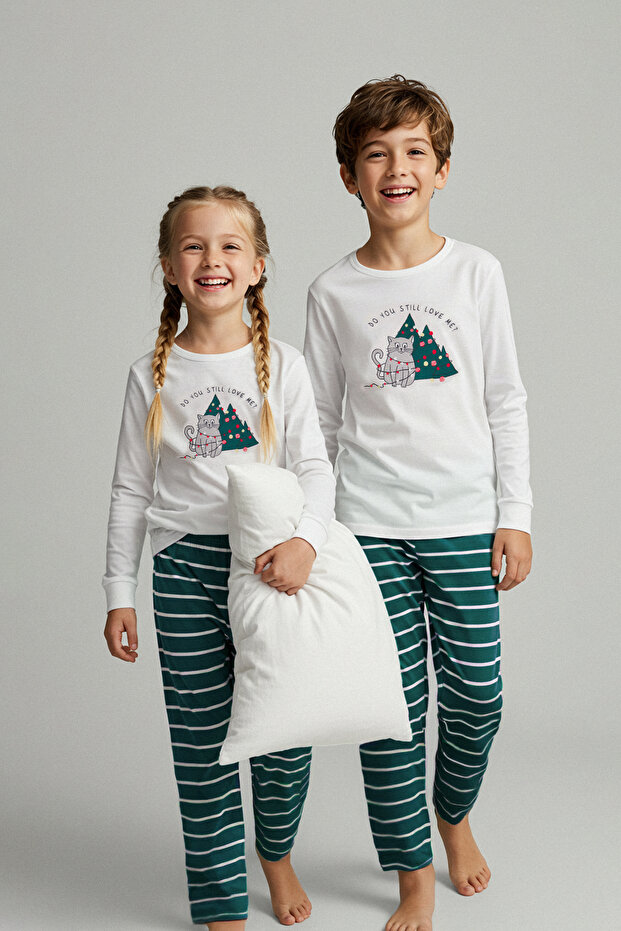Yeşil Yumuşak Dokulu Baskılı Regular Örme Unisex Çocuk Pijama Takımı TKDAW26PT00004 - 2