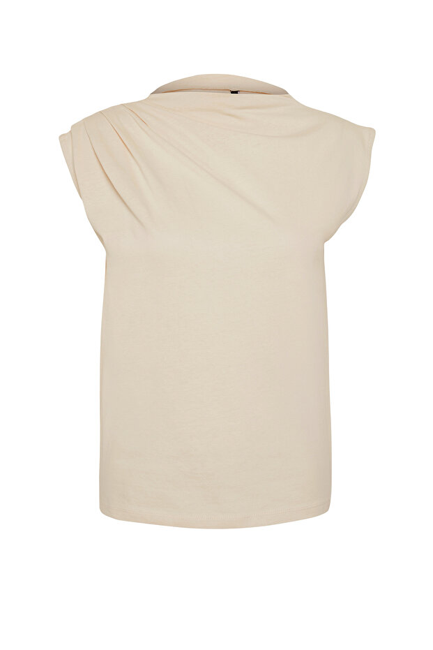 Taş Kayık Yaka Sıfır Kol Büzgülü Örme T-Shirt TWOSS24TS00051 - 7