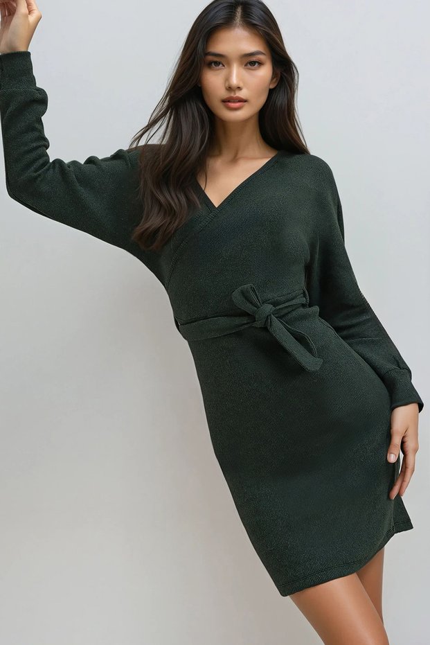 Women's Olive Green Double Breasted Collar Bat Sleeve Belted Waist Camisole Dress Alc-X7623