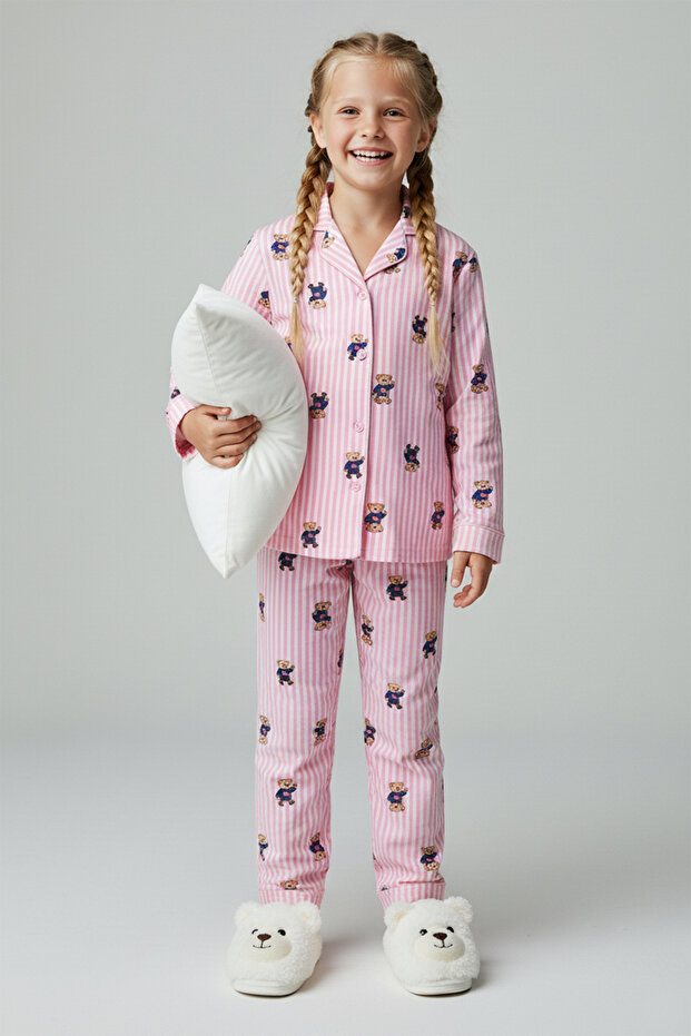 Pembe Yumuşak Dokulu Kız Çocuk Desenli Gömlek Yaka Regular Örme Pijama Takımı TKDAW26PT00006 - 1