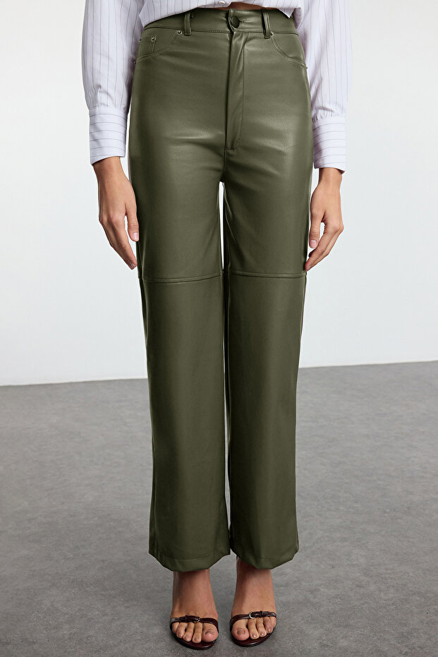 Haki Relaxed/Rahat Straight/Boru Paça Dikiş Detaylı Örme Deri Pantolon TWOAW25PL00068 - 2
