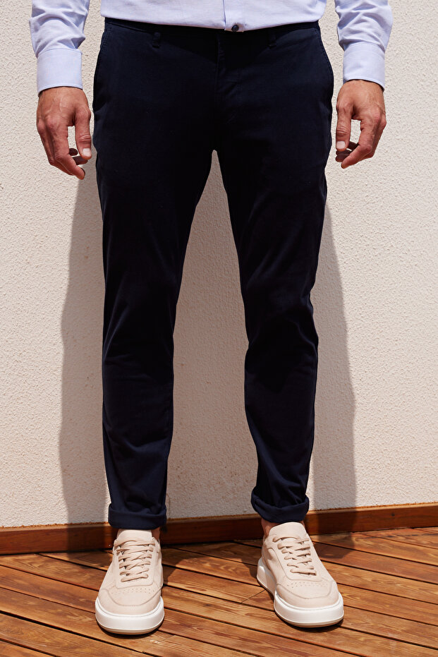 Men's Navy Blue Slim Fit Slim Fit Cotton Flexible Comfortable Chino Trousers