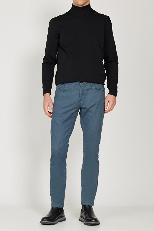 Erkek İndigo Slim Fit Dar Kesim 5 Cepli Desenli Pamuklu Pantolon - 1