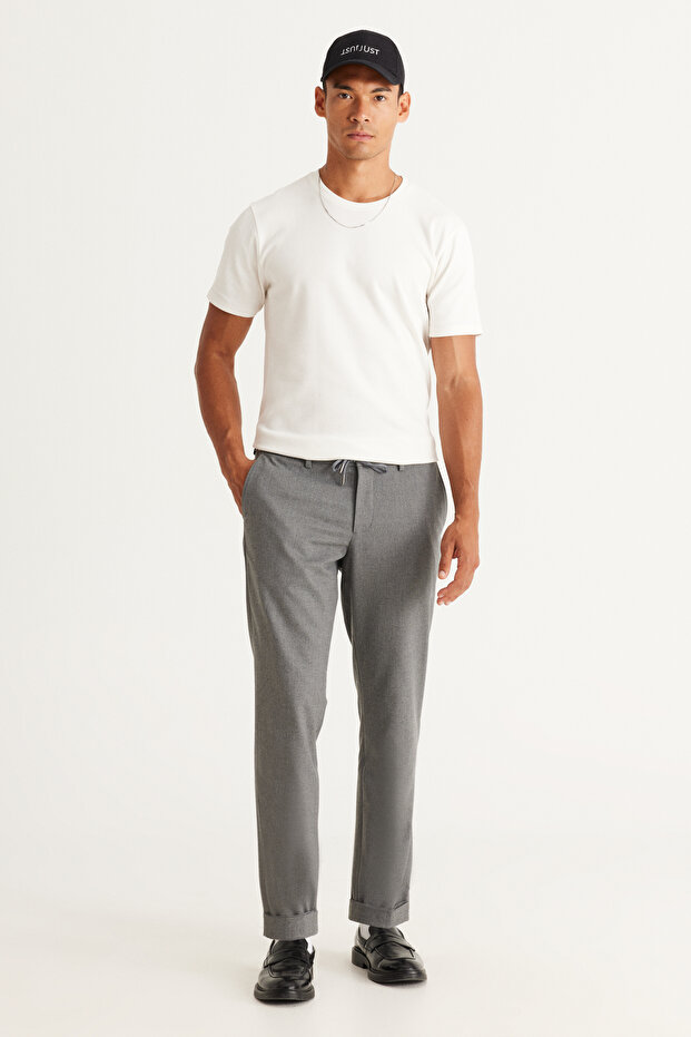 Męskie szare, dopasowane, elastyczne spodnie z wiązaniem w talii - 2
