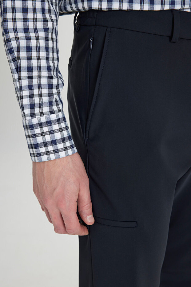 Erkek Lacivert Slim Fit Dar Kesim Beli Bağlamalı Yan Cep Esnek Casual Pantolon - 5