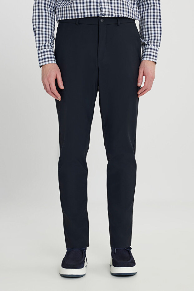 Erkek Lacivert Slim Fit Dar Kesim Beli Bağlamalı Yan Cep Esnek Casual Pantolon - 1
