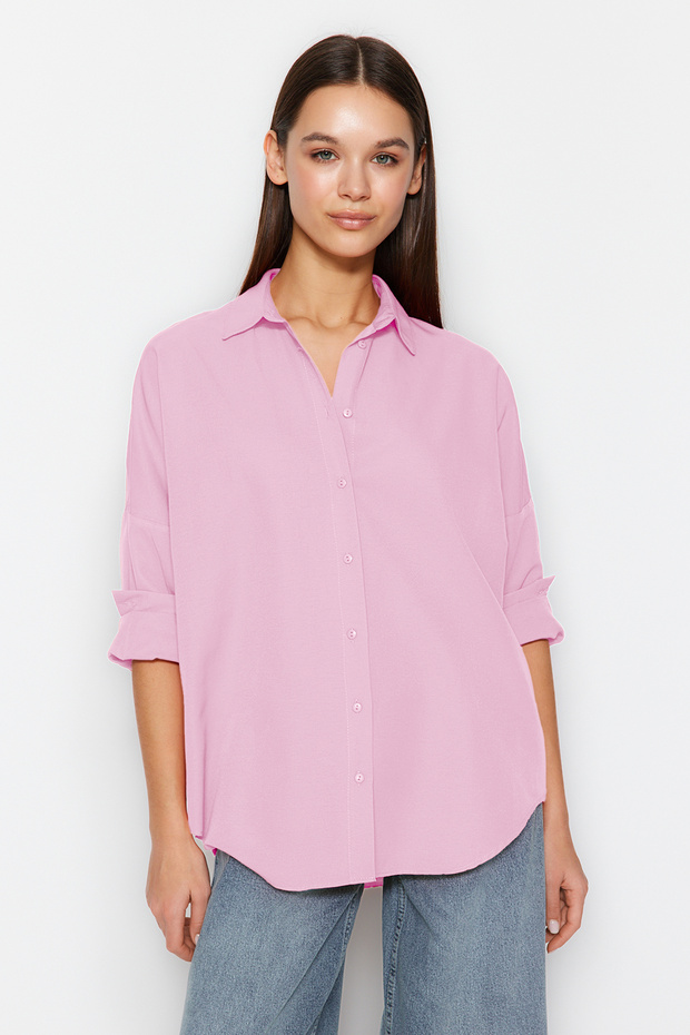 Pembe Pamuklu Oversize Geniş Kalıp Dokuma Gömlek TWOSS22GO0669 - 7