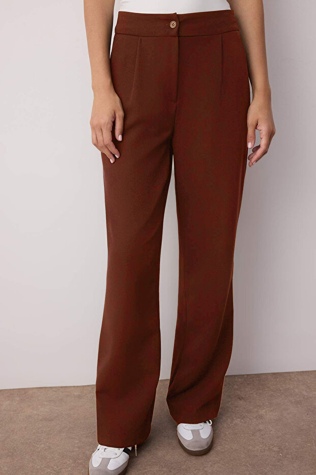 Kahverengi Wide Leg/Geniş Paça Dokuma Kumaş Pantolon TWOAW22PL0139 - 3
