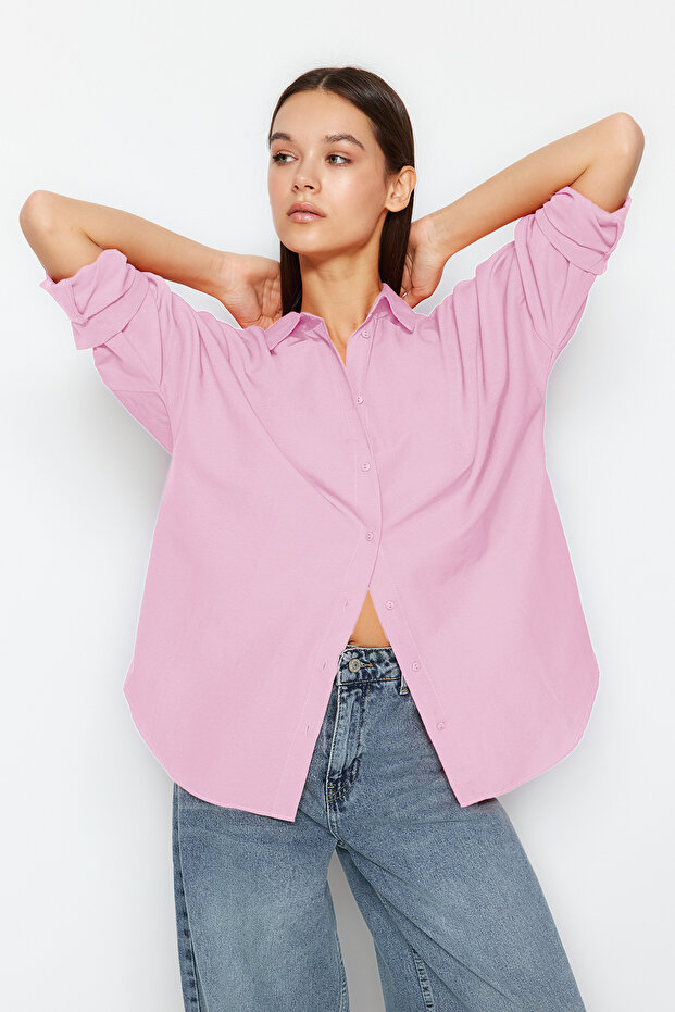 Pembe Pamuklu Oversize Geniş Kalıp Dokuma Gömlek TWOSS22GO0669 - 6