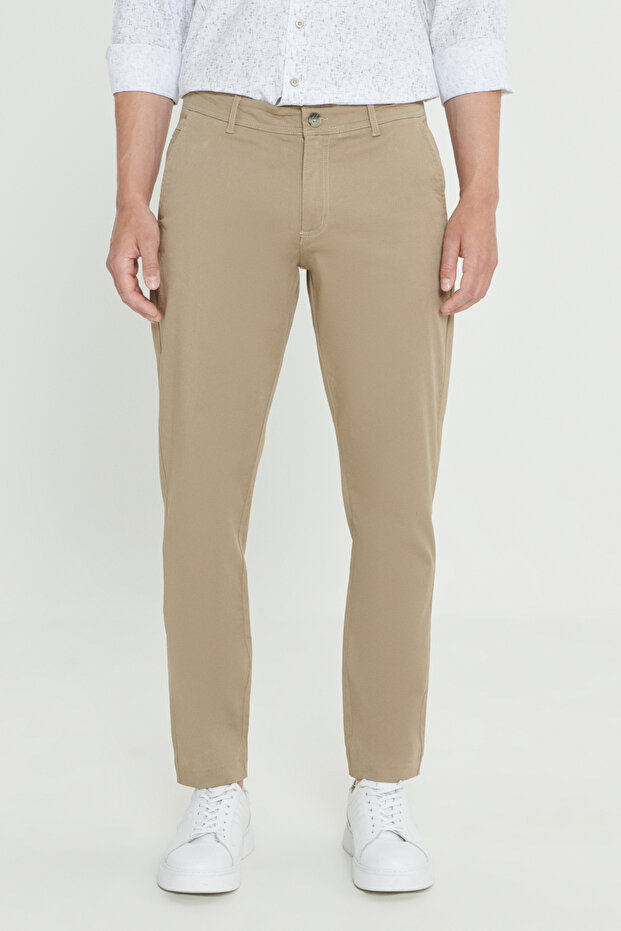 Men's Beige Slim Fit Slim Fit Cotton Flexible Chino Trousers