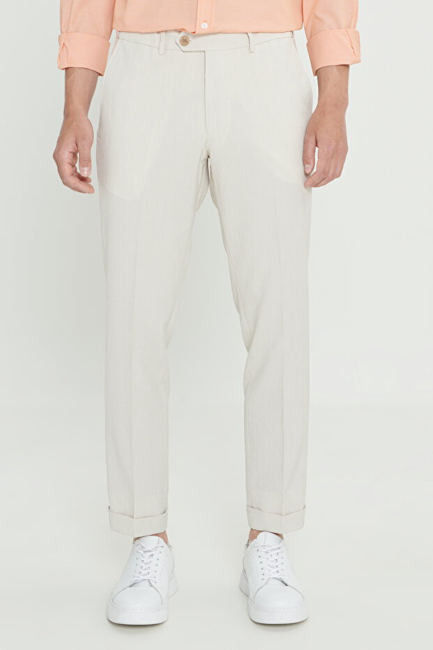 Men's Beige Slim Fit Slim Fit Anti-Wrinkle Fabric Seersucker Patterned Elastic Waist Pants