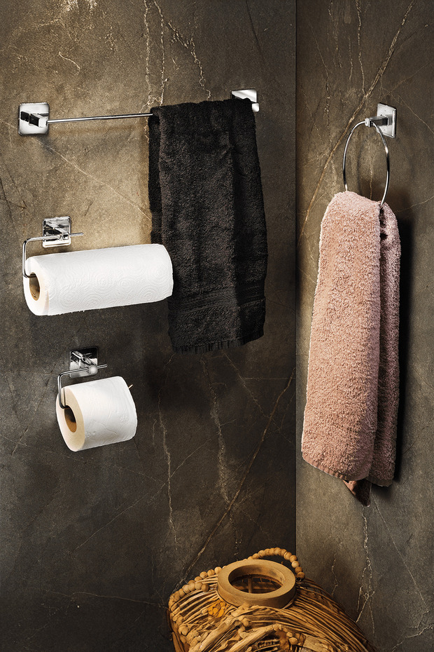 Adhesive Chrome 4-Piece Bathroom & Kitchen Towel Holder Set – Toilet Paper Holder, Roll, Hoop and Long Towel Rack