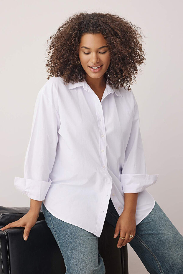 Beyaz Loose Fit Basic Pamuklu Uzun Kollu Dokuma Büyük Beden Gömlek TBBSS22GO0319 - 3