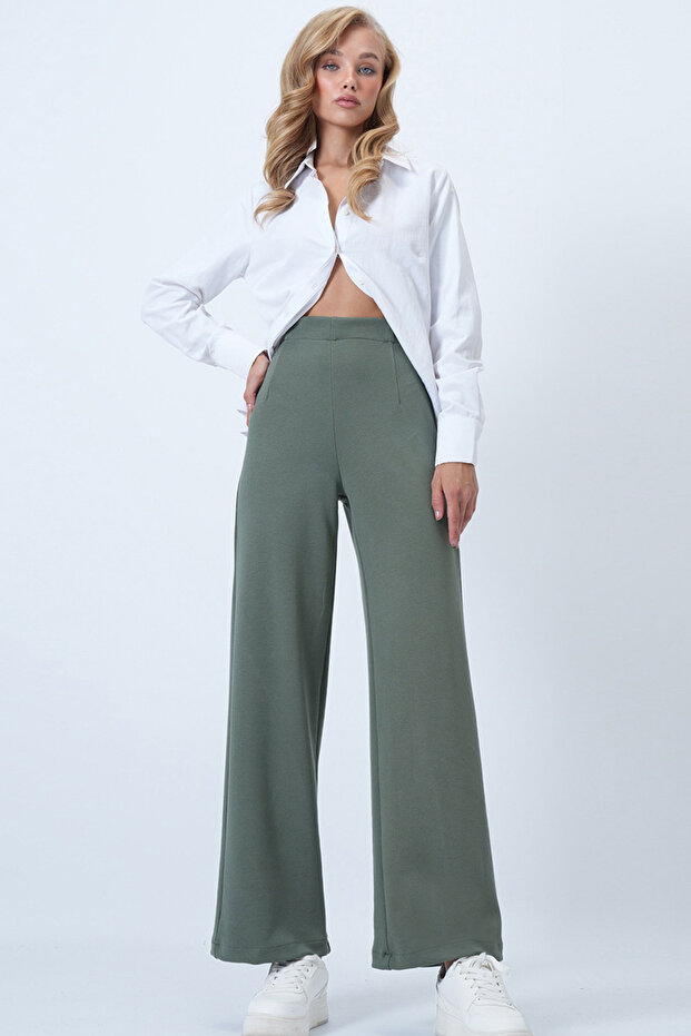Khaki Hidden Zipper Knitted Palazzo Trousers Alc-X14432