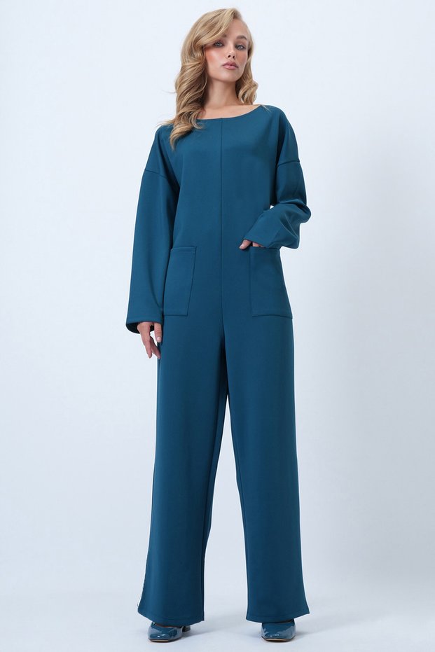 Petrol Blue Crew Neck Comfortable Cut Overalls with Zipper on the Back Alc-X14554
