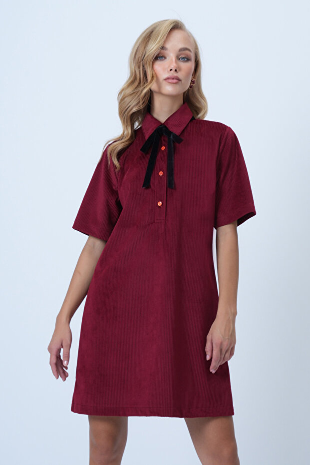 Bordo Polo Yaka Yarım Pat Düğmeli Dokulu Kadife Mini Elbise ALC-X14536 - 5