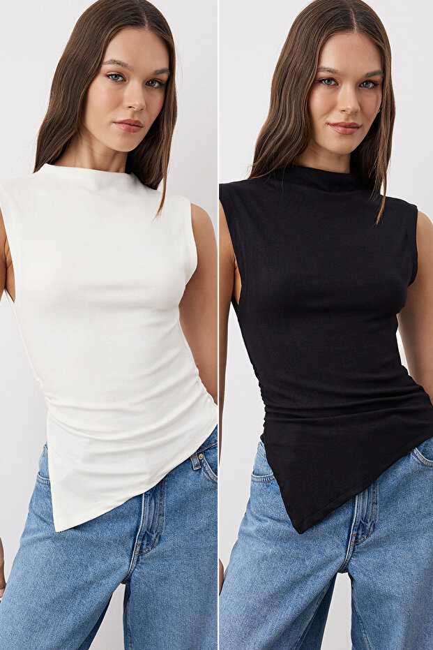 Siyah-Ekru 2'li Paket Fitted/Vücuda Oturan Asimetrik Örme Bluz TWOSS25BZ00610 - 1