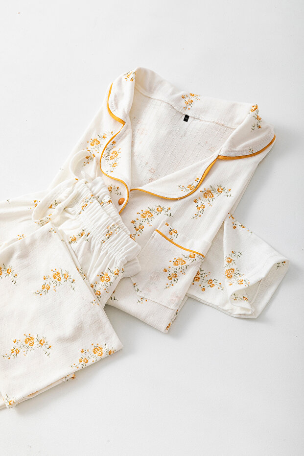Çok Renkli Çiçek Desenli Biyeli Mevsimlik Gömlek Yaka Dokulu Örme Pijama Takımı TBBAW26AI00039 - 3