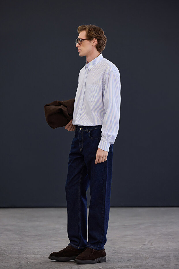 Trendyol Studio Collection Ekru Çizgili Oversize Fit Erkek Gömlek TMNAW26GO00013 - 5
