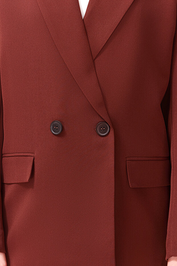 Bordo Kiremit Oversize Düz Kesim Basic Kruvaze Dokuma Blazer Ceket TWOSS24BC00028 - 5