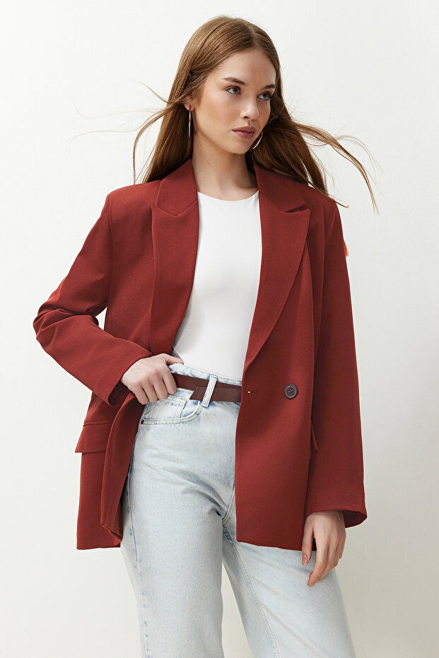 Bordo Kiremit Oversize Düz Kesim Basic Kruvaze Dokuma Blazer Ceket TWOSS24BC00028 - 1