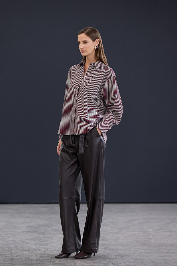 Trendyol Studio Bordo-Çok Renkli Çizgili Oversize Pamuklu Poplin Gömlek TWOAW26GO00107 - 3