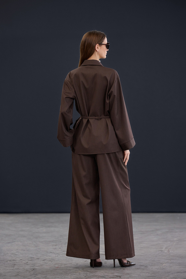 Trendyol Studio Kahverengi Ekstra Geniş Paça Çizgili Pantolon TWOAW26PL00127 - 7