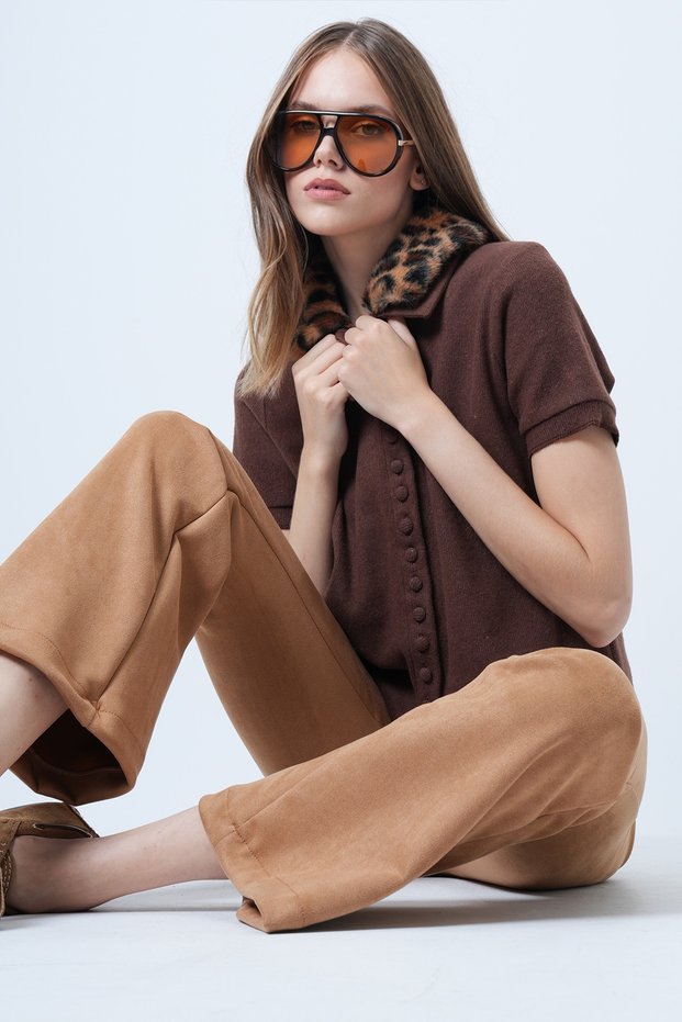 Women's Brown Leopard Detachable Fur Detailed Knitted Blouse Alc-X14640