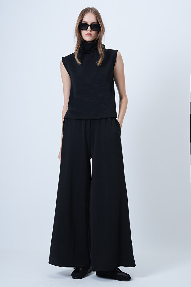 Black Turtleneck Sleeveless Blouse and Wide-Leg Pants Set Alc-X14663