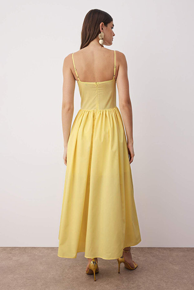Sarı A-Kesim Poplin Dokuma Midi Elbise TPRSS24EL00294 - 4