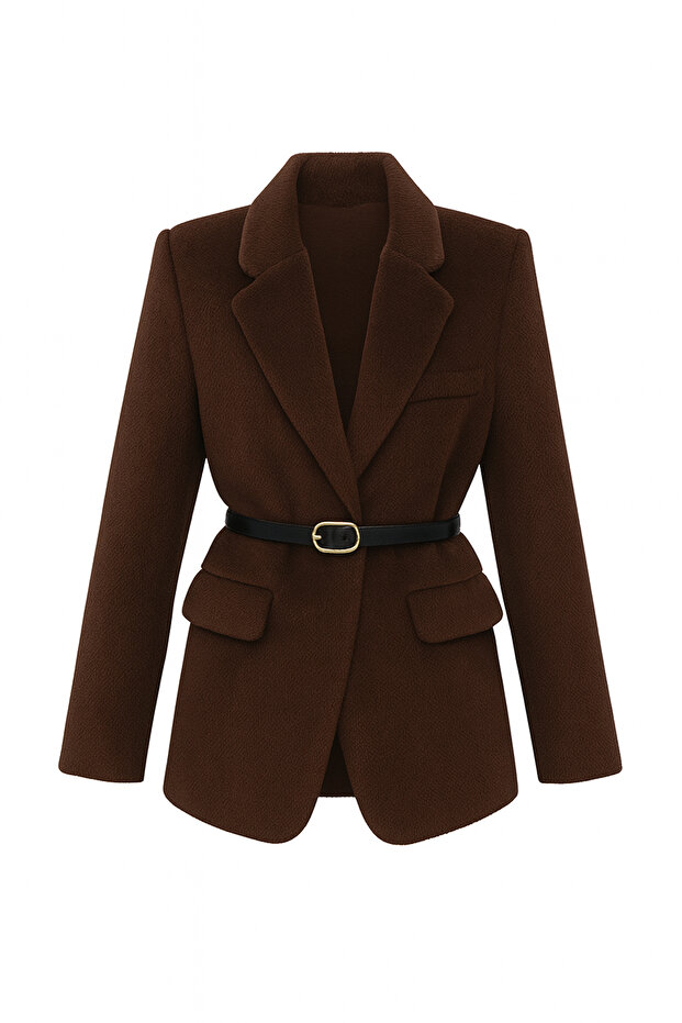 Kahverengi Kemerli Tüylü Kaşe Regular/Normal Kalıp Blazer Blazer Ceket TWOAW26BC00041 - 12