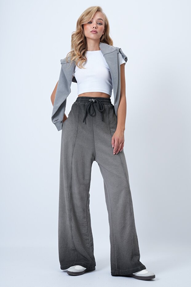 Anthracite High Waist Gradient Palazzo Trousers with Grass Green Front Panel Alc-X14666
