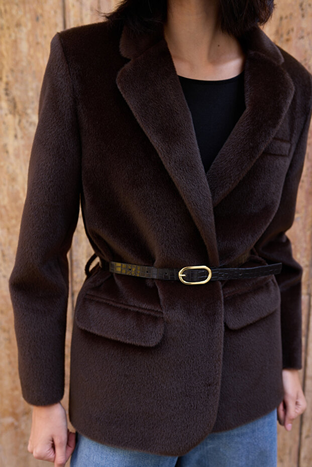 Kahverengi Kemerli Tüylü Kaşe Regular/Normal Kalıp Blazer Blazer Ceket TWOAW26BC00041 - 9