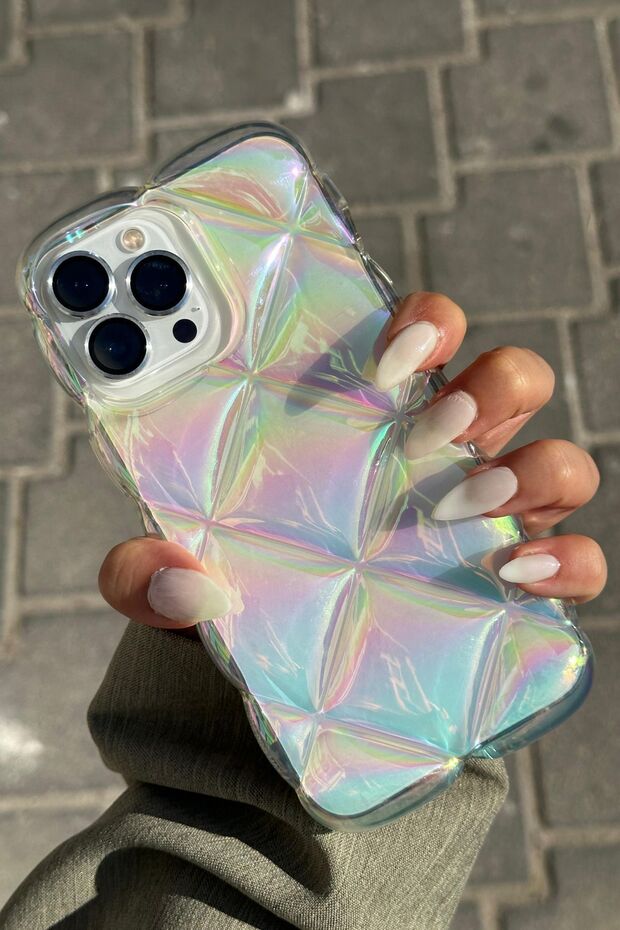 iPhone 14 Pro Max Compatible Embossed Patterned 3D Shock Absorbing Ultra Sturdy Pufy Case Transparent