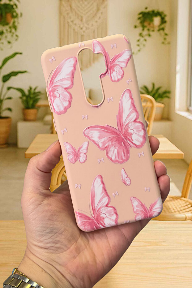 Xiaomi Redmi Note 8 Pro- Pink Butterfly Patterned Silicone Shock-Absorbing Classic Protective Rubber Case